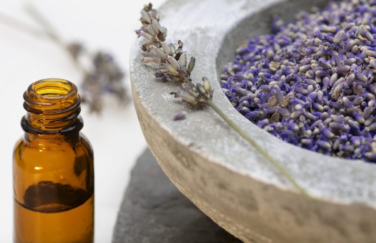 Braune Glasflasche mit Lavendel und getrockneten Lavendelblüten in einer Schale.