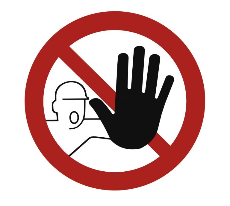 Symbol mit schwarzer Hand und durchgestrichenem Kopf, Hinweis auf Stopp oder Verbot.